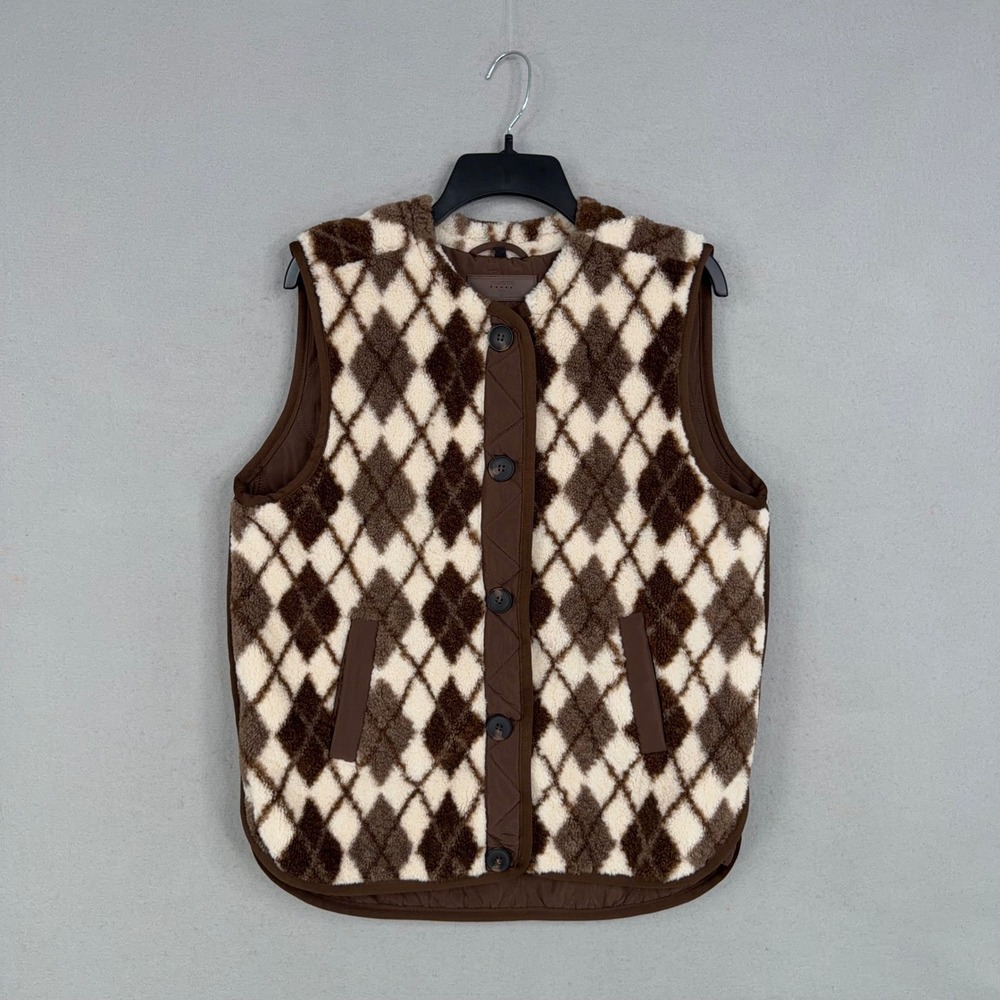 BLANKNYC Vest Womens Medium Brown Cream Sherpa Argyle Faux Fur Preppy Gorpcore